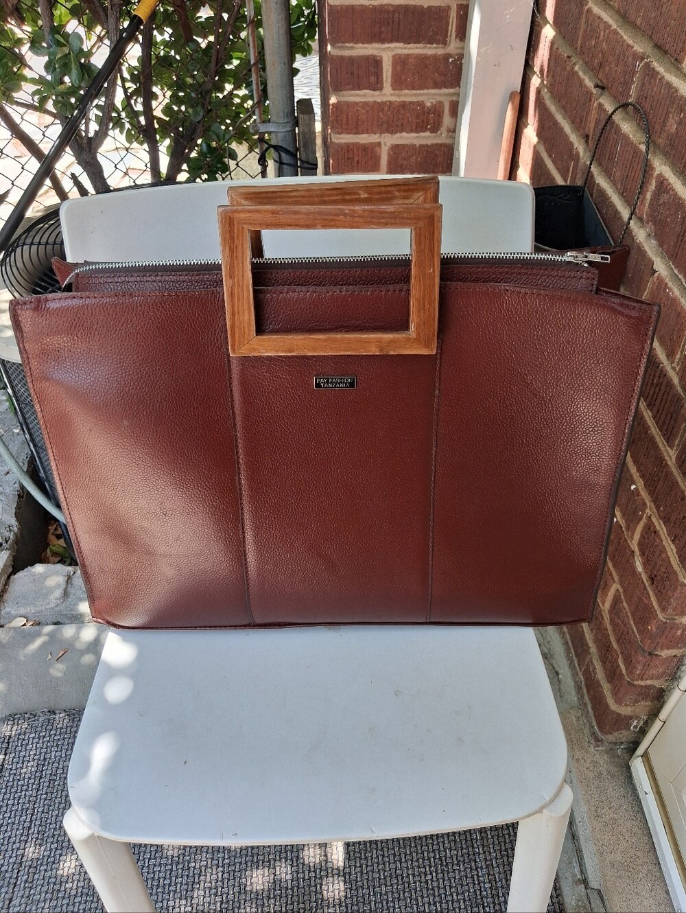 Chestnut Brown Leather Briefcase with Wooden Top Handle